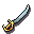 A pixel art sword with a gold hilt and silver blade angled diagonally.