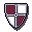 A pixel art shield with a red and white quartered pattern and a gray border.