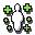 A white pixelated humanoid figure surrounded by small green plus signs on a black background.