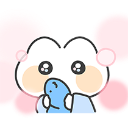 A white character with pink cheeks peeking out from behind a blue object with a shy expression.
