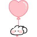 A small white blob character holding onto a large pink heart-shaped balloon.
