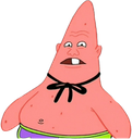 Patrick Star with the face and hair of Beavis looking confused against a red background.