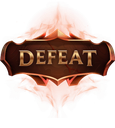 Defeat text displayed on a dark brown shield badge surrounded by orange flames.