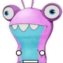 Pink cartoon creature with large eyes and a wide mouth looking confused.