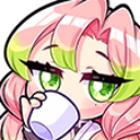 Anime girl with pink and green hair sipping from a white cup with a smug expression.
