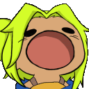 A cartoon character with yellow hair cycles between a wide-mouthed shocked expression and a smug, cat-like smiling face.