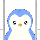 Four sad blue birds with teary eyes standing behind vertical metal prison bars.