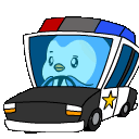 A light blue bird with a serious expression driving a black and white police car.