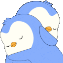 Two blue penguins with closed eyes leaning into each other in a gentle hug.