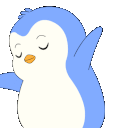 A small blue penguin with a white belly dancing with its eyes closed.