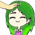 Anime girl with green hair smiling while receiving a gentle head pat from a hand.
