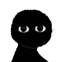 A black silhouette with two wide, unblinking white eyes staring intensely forward.
