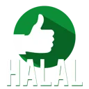 Thumbs up symbol over a green circle with the text HALAL underneath.
