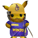 Pikachu wearing a yellow sports helmet and a purple jersey with text.