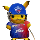 Pikachu wearing a blue and red cricket uniform and cap while holding a cricket bat.