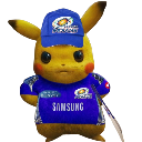Pikachu wearing a blue cricket cap and jersey with a serious expression.