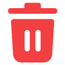 Trash can icon colored in solid red with two vertical lines on the front.