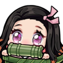 Nezuko from Demon Slayer peeking over her bamboo muzzle with large, expressive pink eyes.