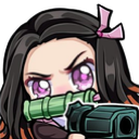 Nezuko Kamado looking intense while aiming a handgun directly forward.