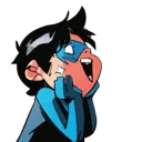 A character with a blue mask and black hair blushing with a wide, excited expression.