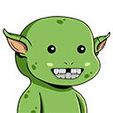 A green cartoon creature with large ears and a wide, gap-toothed grin on a black background.