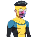 A realistic human face with a beard is superimposed onto the head of a blue and yellow superhero suit.