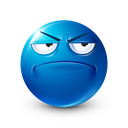 Blue sphere face with narrowed eyes and a flat mouth looking suspicious.