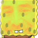 A yellow sponge character with a realistic human face superimposed over it, wearing a blank and slightly unsettling expres...