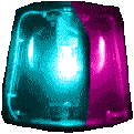 A rotating emergency beacon light flashing between bright cyan and magenta colors.