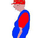 A low-resolution pixelated man in a red hat and blue overalls standing with a hunched, defeated posture.