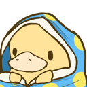 A small yellow duckling looking out from underneath a blue polka-dot blanket.