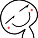 A white minimalist character with a smug, tilted expression and red cheeks on a black background.