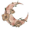 A crescent moon decorated with detailed line-art flowers in soft pink and brown tones.