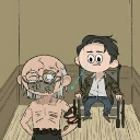 An old man with messy hair and glasses stands next to a calm man sitting in a chair.