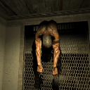 A muscular, shadowy figure hangs suspended in a dark, industrial room.