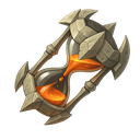 Hourglass with a stone frame and glowing orange sand flowing through the center.