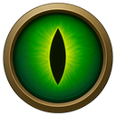 A glowing green reptilian eye with a vertical slit pupil centered inside a gold metallic circular frame.