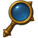 A golden magnifying glass with a blue lens and spiked edges.