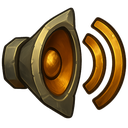 Speaker icon with gold accents emitting sound waves.