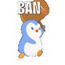 A cute blue penguin holding a large wooden hammer with the word BAN written on it.