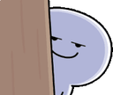 A round blue character peeking from behind a wooden wall with a smug, knowing smirk.