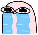 A pink cartoon cat face with large, watery eyes and blue tears streaming down its cheeks.