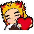 Chibi Rengoku smiling happily while holding a large red heart.