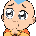 Aang from Avatar with large, watery puppy-dog eyes and hands pressed together in a pleading gesture.