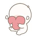 A small white character blushing and holding a pink heart against its chest.