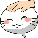 A round white creature with a happy face and pink cheeks being patted on the head by a human hand.