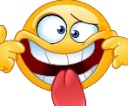 A yellow smiley face stretches its mouth wide with its fingers while sticking its tongue out in a silly expression.