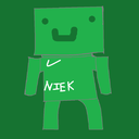 A green stick figure with a blocky head and a simple smiling expression.