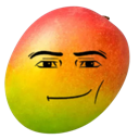 A mango with a smug, smiling human face overlay.
