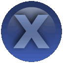A glossy blue circular button displaying a bold letter X in the center.